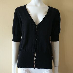 Anne Fontaine Top Sweater Women 42 S Black Short Puff Sleeve Cotton Knit Button